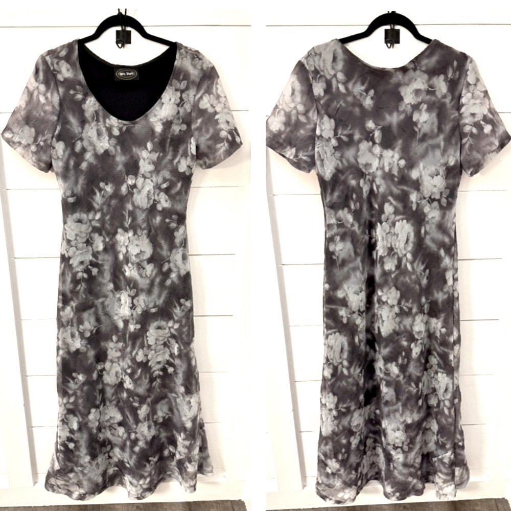 Y2K VINTAGE 14 Floral retro grey polyester midi dress fairy grunge dark romantic